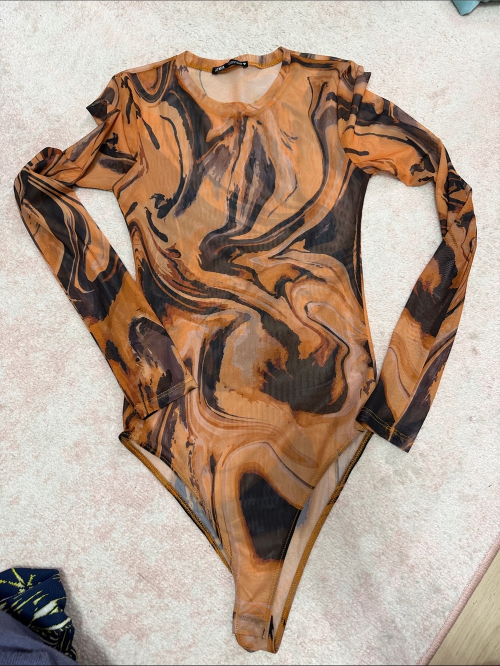 Zara Marble-Print Long Sleeve One-Piece Bodysuit - Brown & Black